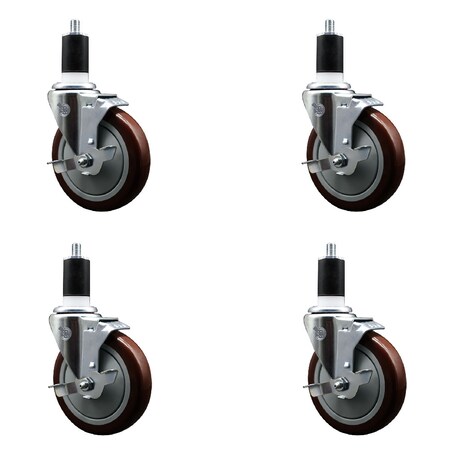 Service Caster 5'' SS Maroon Poly Swivel 1-1/2'' Expanding Stem Caster Set with Brake, 4PK SCC-SSEX20S514-PPUB-MRN-TLB-112-4